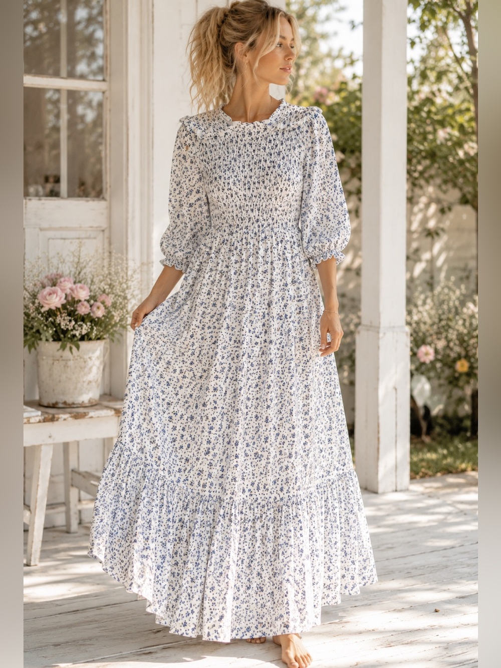 Maple & Cliff Floral Smocked Prairie Maxi Dress Puff Sleeve Ruffle Small